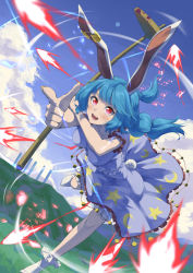 Rule 34 | 1girl, absurdres, animal ears, blue dress, blue hair, blush, crescent print, dress, earclip, frilled sleeves, frills, highres, holding, kine, long hair, mallet, open mouth, otomeza ryuseigun, puffy short sleeves, puffy sleeves, rabbit ears, rabbit tail, red eyes, seiran (touhou), short sleeves, smile, solo, star (symbol), star print, tail, touhou