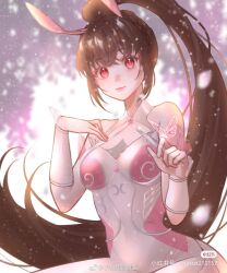 Rule 34 | 1girl, animal ears, armband, braid, brown hair, bug, butterfly, closed mouth, douluo dalu, dress, hand on own chest, highres, insect, long hair, pink dress, pink eyes, rabbit ears, smile, snow, solo, upper body, xiao 5 de li wu jiang, xiao wu (douluo dalu)
