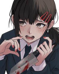 Rule 34 | 1girl, black eyes, black hair, blood, bloody knife, blue jacket, blue necktie, blue suit, chainsaw man, close-up, collared shirt, commentary, crying, crying with eyes open, dress shirt, fingernails, formal, hair between eyes, hair ornament, hairclip, higashiyama kobeni, highres, holding, holding knife, jacket, kitchen knife, knife, lips, long sleeves, looking away, mole, mole under eye, mole under mouth, necktie, open mouth, red nails, scared, shirt, simple background, solo, suit, tears, teeth, white background, white shirt, yuyamifall