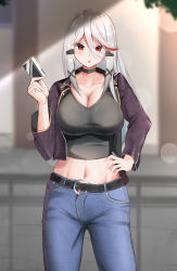 Rule 34 | 1girl, :o, absurdres, belt, black belt, black choker, blush, breasts, card, choker, cleavage, collarbone, denim, feet out of frame, grey shirt, hair ornament, hairclip, hand on own hip, highres, holding, holding card, j yak47, jacket, jeans, klone (j.roswel), large breasts, long hair, looking at viewer, midriff, multicolored hair, navel, open clothes, open jacket, open mouth, orange eyes, original, pants, parted lips, purple jacket, shirt, silver hair, simple background, solo, standing