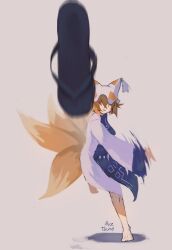 Rule 34 | 1girl, absurdres, animal hat, barefoot, blonde hair, breasts, dress, fox tail, hat, highres, la chancla, long sleeves, medium breasts, mob cap, multiple tails, nyztsune, short hair, solo, tabard, tail, touhou, yakumo ran, yellow eyes