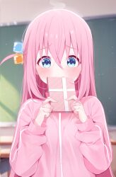 Rule 34 | 1girl, blue eyes, blurry, blurry background, blush, bocchi the rock!, box, commentary request, cube hair ornament, depth of field, deyui, gift, gift box, gotoh hitori, hair between eyes, hair ornament, highres, holding, holding gift, jacket, long hair, long sleeves, looking at viewer, one side up, pink hair, pink jacket, puffy long sleeves, puffy sleeves, signature, solo, track jacket, upper body, very long hair