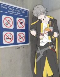 Rule 34 | 1boy, artist name, baba19h, black coat, black gloves, black pants, burger, caelus (honkai: star rail), cellphone, cigarette, closed eyes, coat, commentary, cradling phone, cup, drinking glass, fingerless gloves, food, gloves, grey hair, highres, holding, holding cup, holding food, honkai: star rail, honkai (series), ireland, male focus, meme, open clothes, open coat, pants, phone, photo-referenced, real world location, red wine, shirt, smoking, talking on phone, trailblazer (honkai: star rail), trinity college library dublin, white shirt, wine, wine glass, yellow trim