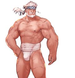Rule 34 | 1boy, abs, bara, bare pectorals, beard, bulge, dsharp, facial hair, feet out of frame, fundoshi, granblue fantasy, hand on own hip, headband, japanese clothes, large pectorals, male focus, male underwear, muscular, mustache, nipples, pectorals, scar, scar on chest, short hair, solo, soriz, thick thighs, thighs, white background, white hair, white male underwear