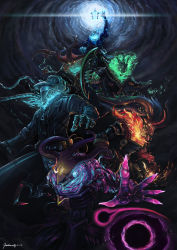 Rule 34 | absurdres, arm up, artist name, backlighting, blood moon thresh, blue fire, championship thresh, claws, dark star thresh, deep terror thresh, fire, glowing, green eyes, green fire, headphones, helmet, highres, horns, lantern, league of legends, long sleeves, mask, mediocrity1015, monster, multiple persona, no humans, outstretched arm, red eyes, scar, sharp teeth, sickle, ssw thresh, teeth, thresh (league of legends), uniform, weapon, yellow eyes, zipper