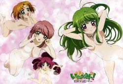 Rule 34 | 00s, 4girls, :d, antenna hair, armpits, arms behind head, blue eyes, blush, breasts, brown hair, censored, convenient censoring, dimples of venus, drill hair, earrings, feet, flat chest, green eyes, green hair, groin, hair censor, hair over breasts, highres, inukami!, jewelry, large breasts, long hair, multiple girls, nadeshiko (inukami), navel, necklace, nude, official art, official wallpaper, open mouth, pendant, pink hair, red eyes, scan, sendan (inukami), short hair, smile, soles, tomohane (inukami), tomooka shinpei, youko (inukami)