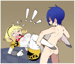 Rule 34 | 1boy, 1girl, absurdres, aegis (persona), ass, blonde hair, blue hair, breasts, clothed male nude female, hellbrain, hetero, highres, nude, persona, persona 3, sex, wince, yuuki makoto (persona 3)