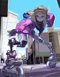 Rule 34 | 1girl, android, bad drawr id, bad id, blue sky, brown hair, building, character request, city, copyright request, day, drawr, from below, full body, headband, hood, hood down, hoodie, hoshi kubi, inline skates, leaning forward, long hair, mechanical arms, mechanical legs, mechanical parts, oekaki, outdoors, outstretched arm, pavement, road, roller skates, science fiction, shorts, skates, sky, solo, standing, street