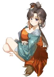Rule 34 | 1girl, absurdres, alstarien, black hair, blush, breasts, brown hair, chinese clothes, cleavage, closed mouth, crossed legs, dated, dress, hair ornament, hanfu, highres, jewelry, jiu niangzi, large breasts, long hair, long sleeves, looking at viewer, mixed-language text, reverse:1999, signature, simple background, sitting, smile, solo, tassel, white background