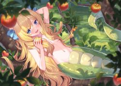 Rule 34 | 1girl, :d, apple, blonde hair, blue eyes, blurry, blurry foreground, breasts, commentary request, day, depth of field, fang, food, fruit, hair between eyes, hair censor, hair over breasts, highres, holding, holding food, in tree, jashin-chan, jashin-chan dropkick, lamia, long hair, looking at viewer, monster girl, navel, nude, open mouth, outdoors, red apple, shanguier, small breasts, smile, solo, tree, v-shaped eyebrows, very long hair