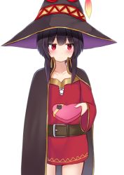 Rule 34 | 1girl, belt, black cape, black hair, blush, brown belt, cape, chomusuke, collarbone, commentary request, dress, frown, hat, highres, kanekan, kono subarashii sekai ni shukufuku wo!, long sleeves, looking at viewer, megumin, red dress, red eyes, simple background, solo, valentine, white background, witch hat
