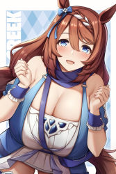 Rule 34 | 1girl, absurdres, animal ears, blue eyes, blue ribbon, blush, bow, breasts, brown hair, character name, cleavage, commentary request, ear ribbon, highres, horse ears, horse girl, horse tail, huge breasts, kannko bokujou, looking at viewer, ribbon, smile, solo, super creek (umamusume), tail, thighs, umamusume, wrist cuffs