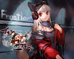 Rule 34 | 1girl, animal ears, arknights, axe, black shirt, breasts, character name, chibi, cleavage, closed mouth, commentary, cowboy shot, fox ears, fox tail, frostleaf (arknights), headphones, implied extra ears, jacket, long hair, looking at viewer, material growth, off-shoulder shirt, off shoulder, open clothes, open jacket, oripathy lesion (arknights), red eyes, red jacket, shirt, silver hair, small breasts, solo, straight hair, tail, toujou bun