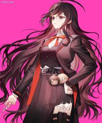 Rule 34 | 1girl, ahoge, alternate costume, belt, black hair, black jacket, black thighhighs, bow, bowtie, breasts, brown skirt, buttons, charm (object), collared shirt, commentary request, danganronpa (series), danganronpa another episode: ultra despair girls, fukawa toko, glasses, hair ornament, hairclip, highres, holding, holding scissors, jacket, long hair, medium breasts, messy hair, mole, mole under mouth, naegi komaru, open clothes, open jacket, orange bow, orange bowtie, pink background, pleated skirt, round eyewear, scissors, shiny skirt, shirt, simple background, single thighhigh, skirt, solo, thighhighs, togami byakuya, torn clothes, torn skirt, white shirt, yushiro akun