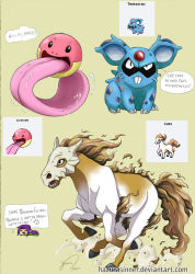 Rule 34 | 1girl, black eyes, character name, claws, commentary, creature, creatures (company), cubone, electrode (pokemon), emoticon, english commentary, english text, closed eyes, fang, fusion, game freak, gen 1 pokemon, hazurasinner, heart, horse, laughing, lickitung, long hair, looking at viewer, mask, nidoran, nidoran (female), nintendo, open mouth, pokemon, pokemon (creature), ponyta, purple hair, running, signature, skull mask, standing, teeth, tentacruel, tongue, tongue out, watermark, web address