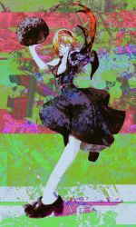 Rule 34 | 1girl, abstract background, alice margatroid, black footwear, blonde hair, blue dress, bois de justice, capelet, closed eyes, closed mouth, cookie (touhou), dies irae, dress, frilled hairband, frills, full body, hair between eyes, hairband, hinase (cookie), holding, holding rock, neckerchief, on ( l0 ), red hairband, red neckerchief, red sash, rock, sash, shinza bansho series, shoes, short hair, smile, socks, solo, touhou, white capelet, white socks
