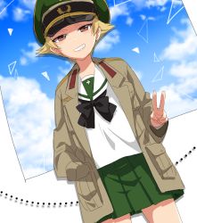 Rule 34 | 1girl, black bow, black bowtie, blonde hair, blouse, blue sky, bow, bowtie, broken window, brown eyes, brown jacket, cloud, cloudy sky, commentary, day, dutch angle, erwin (girls und panzer), girls und panzer, glass, goggles, goggles on headwear, green hat, green skirt, grin, half-closed eyes, hand in pocket, hat, jacket, long sleeves, looking at viewer, military hat, military jacket, miniskirt, ooarai school uniform, open clothes, open jacket, peaked cap, pleated skirt, pointy hair, school uniform, serafuku, shadow, shinaso (sachi-machi), shirt, short hair, skirt, sky, smile, solo, sonasiz, standing, v-shaped eyebrows, white shirt