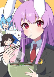 Rule 34 | &gt; &lt;, 3girls, absurdres, animal ears, black hair, black jacket, blazer, blue bow, blue dress, blue hair, blush, bow, bowl, chopsticks, cirno, closed mouth, collared shirt, crescent, crescent pin, detached wings, dress, eating, fairy, fingernails, food, hair bow, highres, holding, holding chopsticks, ice, ice wings, inaba tewi, jacket, light purple hair, long hair, long sleeves, looking at viewer, miz (mizillustration), multiple girls, necktie, noodles, open mouth, pinafore dress, pink dress, rabbit ears, red eyes, red necktie, reisen udongein inaba, shirt, short hair, short sleeves, sleeveless, sleeveless dress, smile, touhou, udon, white shirt, wings
