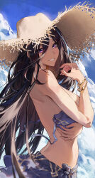 Rule 34 | 1girl, absurdres, bikini, black hair, blue bikini, blue hair, blue sarong, blue sky, bracelet, breasts, clorinde (genshin impact), commentary, convenient arm, cozyu, day, from side, genshin impact, grin, hair between eyes, hat, highres, jewelry, large breasts, long hair, looking at viewer, multicolored hair, outdoors, purple eyes, sarong, sky, smile, solo, straw hat, swimsuit, untied bikini, very long hair