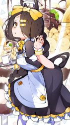 Rule 34 | 1girl, absurdres, ahoge, alternate costume, alternate hairstyle, animal ears, apron, black dress, black hair, bow, bowtie, braid, braided ponytail, coffee mug, commentary, cup, dress, enmaided, food, frilled dress, frills, glass, hair bow, hair ornament, hair over one eye, hairclip, highres, holding, holding tray, horse ears, horse girl, horse tail, ice cream, leaning forward, long hair, looking at viewer, maid, maid apron, manhattan cafe (umamusume), medium dress, mug, open mouth, pantyhose, puffy short sleeves, puffy sleeves, short sleeves, single braid, solo, standing, sundae, tail, tray, umamusume, very long hair, waitress, white pantyhose, wristband, yellow bow, yellow bowtie, yellow eyes, zukki0731
