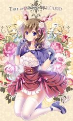 Rule 34 | 1girl, brown hair, buttons, character name, cloak, copyright name, floral background, flower, frills, gloves, hand to own mouth, pink ribbon, purple eyes, purple ribbon, red skirt, ribbon, sakurano ru, skirt, solo, text focus, thighhighs, tree of savior, wizard (tree of savior)