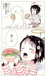 Rule 34 | 1girl, 2koma, :d, ^^^, ano ko wa toshi densetsu, black hair, blush stickers, brown eyes, brown skirt, burger, closed eyes, comic, comma, cup, demon tail, disposable cup, drawstring, fake halo, fake horns, feathered wings, flower, food, gomennasai, hair flower, hair ornament, hairclip, halo, holding, holding food, hood, hood down, hoodie, horns, long sleeves, milk carton, open mouth, sitting, skirt, smile, sparkle, steam, striped clothes, striped hoodie, tail, translation request, white wings, wings, zangyaku-san