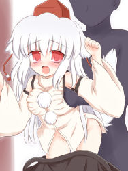 Rule 34 | 1girl, animal ears, blush, grabbing another&#039;s breast, breasts, clothed sex, clothes pull, cum, cum in pussy, detached sleeves, faceless, faceless male, grabbing, hands in shirt, hat, inubashiri momiji, open mouth, red eyes, ry (yagoyago), sex, short hair, skirt, skirt pull, solo focus, tail, tokin hat, touhou, white hair, wolf ears, wolf tail