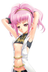 Rule 34 | 00s, 1girl, 40010prototype, anya alstreim, armpits, arms behind head, arms up, code geass, crop top, expressionless, flat chest, groin, hairband, highres, navel, nipple slip, nipples, pink eyes, pink hair, simple background, solo, turtleneck, white background