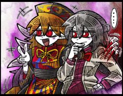 Rule 34 | ..., 2girls, :/, :d, angel wings, arm up, beige jacket, braid, breasts, chinese clothes, closed mouth, dress, fang, feathered wings, fox print, french braid, hair between eyes, hand on another&#039;s shoulder, hand on own hip, hand to own mouth, junko (touhou), kishin sagume, long hair, long sleeves, looking to the side, medium breasts, multiple girls, nail polish, obi, open mouth, orange hair, phoenix crown, purple dress, red nails, sash, short hair, silver hair, single wing, smile, spoken ellipsis, standing, suenari (peace), tabard, tassel, tongue, touhou, upper body, v, very long fingernails, wide sleeves, wings