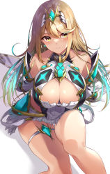Rule 34 | 1girl, arm support, armor, bare shoulders, blonde hair, breasts, chest jewel, cleavage, cleavage cutout, closed mouth, clothing cutout, dress, earrings, eel mizue, elbow gloves, gloves, hair between eyes, highres, jewelry, large breasts, long hair, looking at viewer, mythra (xenoblade), nintendo, short dress, sitting, smile, solo, swept bangs, thigh strap, tiara, white armor, white background, white dress, white gloves, xenoblade chronicles (series), xenoblade chronicles 2, yellow eyes