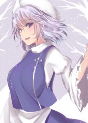 Rule 34 | 1girl, apron, asa (coco), blue skirt, blue vest, blush, breasts, frilled sleeves, frills, from side, head scarf, juliet sleeves, large breasts, letty whiterock, light purple hair, long sleeves, looking at viewer, looking to the side, parted lips, puffy sleeves, purple eyes, short hair, skirt, smile, solo, touhou, upper body, vest, waist apron, wide sleeves