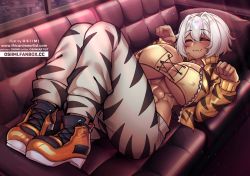 Rule 34 | 1girl, :3, abs, animal print, artist name, blush, breasts, cleavage, closed eyes, commission, couch, covered erect nipples, dark-skinned female, dark skin, fang, female focus, hair between eyes, happy, head tilt, huge breasts, indoors, jacket, large breasts, long sleeves, lying, midriff, muscular, muscular female, on back, open clothes, open jacket, original, osiimi, pants, patreon username, puffy long sleeves, puffy sleeves, shiny clothes, shiny skin, shirt, shoes, short hair, silver hair, smile, sneakers, solo, solo focus, thick thighs, thighs, twitter username, underboob, w arms, watermark, web address, white shirt, yellow jacket, zebra print