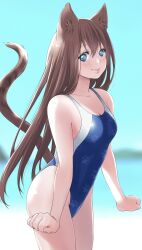 Rule 34 | 1girl, animal ears, blue eyes, blue one-piece swimsuit, brown hair, cat ears, cat tail, clenched hands, commentary request, competition swimsuit, highleg, highleg swimsuit, highres, long hair, looking at viewer, macosee, one-piece swimsuit, original, smile, solo, swimsuit, tail, two-tone swimsuit
