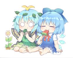 Rule 34 | 2girls, antennae, arm support, barefoot, blue bow, blue dress, blue hair, blue wings, bow, butterfly wings, chibi, cirno, detached wings, dress, eating, eternity larva, flower, food, green dress, hair bow, hair ornament, highres, holding, holding food, ice, ice wings, insect wings, kaoling, leaf, leaf hair ornament, multiple girls, pink flower, popsicle, red bow, shirt, short sleeves, sitting, sleeveless, sleeveless dress, soles, touhou, watermelon bar, white background, white shirt, wings