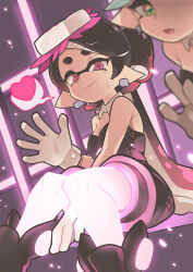 Rule 34 | 2girls, black jumpsuit, blurry, boots, breasts, callie (splatoon), commentary, cousins, cross-shaped pupils, depth of field, detached collar, earrings, english commentary, food, food on head, gloves, glowing, gomipomi, heart, highres, inkling, jewelry, jumpsuit, long hair, looking at viewer, marie (splatoon), mole, mole under eye, multiple girls, nintendo, object on head, pointy ears, short jumpsuit, small breasts, smile, splatoon (series), spoken heart, strapless, sushi, sweat, symbol-shaped pupils, tentacle hair, waving