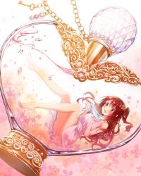 Rule 34 | 10s, 1girl, :d, air bubble, bare legs, barefoot, beads, blush, bottle, bubble, chain, crown, dress, dutch angle, flower, gem, glass slipper, hair ornament, half updo, heart, idolmaster, idolmaster cinderella girls, in bottle, in container, key, mini person, minigirl, one side up, open mouth, oversized object, perfume bottle, pink dress, red eyes, red hair, serino itsuki, shimamura uzuki, shoes, unworn shoes, side ponytail, smile, solo, sparkle, underwater, upskirt