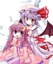 Rule 34 | 2girls, bat wings, blush, bow, crescent, crescent hair ornament, crescent moon, embodiment of scarlet devil, feathers, female focus, hair bow, hair brush, hair ornament, hand on another&#039;s head, hat, kuraryu, long hair, low wings, moon, multiple girls, open mouth, patchouli knowledge, pointy ears, purple hair, red eyes, remilia scarlet, touhou, wings