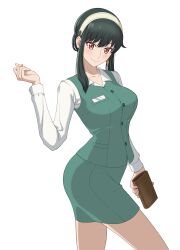 Rule 34 | 1girl, black hair, closed mouth, collared shirt, commentary, green skirt, green vest, hairband, hand up, highres, holding, holding wallet, kyouji44288608, looking at viewer, office lady, red eyes, shirt, simple background, skirt, smile, solo, spy x family, vest, wallet, white background, white hairband, white shirt, women&#039;s wallet, yor briar