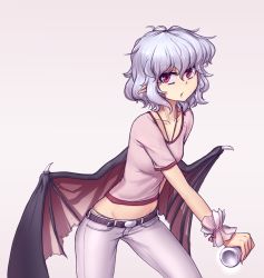Rule 34 | 1girl, alternate costume, bat wings, belt, blue hair, breasts, can, casual, collarbone, contemporary, cowboy shot, groin, hater (hatater), holding, looking at viewer, midriff, panties, pants, panty peek, pink background, pointy ears, red eyes, remilia scarlet, shirt, short hair, simple background, slit pupils, small breasts, solo, string panties, t-shirt, touhou, underwear, wavy hair, white pants, wings, wrist cuffs
