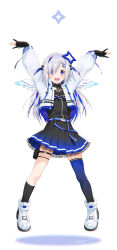 Rule 34 | 1girl, absurdres, amane kanata, amane kanata (work), angel wings, asymmetrical legwear, belt, black bow, black shirt, black skirt, black thighhighs, blue hair, blue skirt, blue thighhighs, bow, feathered wings, fingerless gloves, full body, gloves, gradient legwear, gradient skirt, hair bow, hair ornament, hair over one eye, hairclip, hands up, highres, hololive, holster, jacket, jewelry, kazuma muramasa, legs apart, long hair, looking at viewer, multicolored hair, neck ruff, necklace, official alternate costume, open clothes, open jacket, open mouth, pleated skirt, purple eyes, shirt, shoes, sidelocks, signature, silver hair, single thighhigh, skindentation, skirt, smile, sneakers, solo, streaked hair, swept bangs, teeth, thigh holster, thigh strap, thighhighs, uneven legwear, upper teeth only, virtual youtuber, white jacket, wings