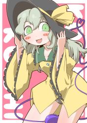 Rule 34 | 1girl, black hat, blouse, blush stickers, breasts, collarbone, collared shirt, commentary request, cowboy shot, eyeball, frilled shirt collar, frilled sleeves, frills, green eyes, green hair, hair between eyes, hands on headwear, hat, hat ribbon, heart, heart of string, komeiji koishi, long sleeves, looking at viewer, no pants, open mouth, panties, pink background, ribbon, shirt, small breasts, solo, third eye, touhou, underwear, wide sleeves, yellow ribbon, yellow shirt, zannen na hito