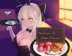 Rule 34 | 1girl, ahoge, animal ears, bare shoulders, black bow, black leotard, bow, bowtie, breasts, candy, cherry, cleavage, cocktail, cocktail glass, collarbone, cup, detached collar, drinking glass, english text, fake animal ears, fate/grand order, fate (series), fishnets, food, fork, fruit, grey eyes, hair between eyes, hair bow, highres, holding, holding tray, ice cream, knife, large breasts, leotard, looking at viewer, milestone celebration, nishibi mitsuba, okita souji (fate), okita souji (koha-ace), playboy bunny, rabbit ears, short hair, smile, solo, strapless, strapless leotard, sweets, thank you, tray, upper body, white hair, wrist cuffs