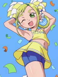 Rule 34 | 1girl, armpits, asuka momoko, blonde hair, blush, cheerleader, confetti, earrings, flat chest, green eyes, hair rings, highres, jewelry, long hair, nanaeljustice, navel, ojamajo doremi, one eye closed, open mouth, pom pom (cheerleading), shorts, skirt, smile, solo, thick eyebrows, thick thighs, thighs