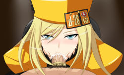Rule 34 | 1girl, :&gt;=, blonde hair, blue eyes, censored, clothed female nude male, cum, cum in mouth, cum overflow, fellatio, guilty gear, guilty gear xrd, hairjob, hat, juno (pixiv32541104), long hair, looking at viewer, looking up, male pubic hair, millia rage, mosaic censoring, nude, oral, orange hat, pantyhose, penis, pointless censoring, pov, prehensile hair, pubic hair, solo focus