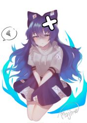 Rule 34 | 1girl, artist name, blue bow, blue hair, blue skirt, blush, bow, breasts, dark blue hair, debt, drawstring, eyebrows hidden by hair, grey hoodie, hair between eyes, hair bow, half-closed eyes, hands on lap, highres, hood, hoodie, long hair, majime joe, medium breasts, parted lips, shaded face, short sleeves, simple background, skirt, solo, spoken squiggle, squiggle, tearing up, touhou, v arms, very long hair, white background, yorigami shion