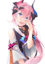 Rule 34 | 1girl, blue eyes, blue hair, blush, commentary, covering face, crying, high collar, highres, holding, holding photo, honkai (series), honkai impact 3rd, horns, long hair, multicolored hair, open mouth, photo (object), pink hair, rozaliya olenyeva, rozaliya olenyeva (fervent tempo), smile, solo, streaked hair, streaming tears, tears, thick eyebrows, very long hair, white background, zhongwu chahui