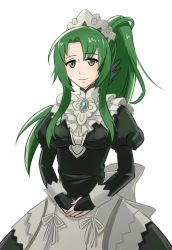 Rule 34 | 1girl, cecilia (fire emblem), cosplay, felicia (fire emblem), felicia (fire emblem) (cosplay), fire emblem, fire emblem: the binding blade, fire emblem fates, fire emblem heroes, gem, green eyes, green hair, hraaat, juliet sleeves, long hair, long sleeves, maid, maid headdress, nintendo, ponytail, puffy sleeves, simple background, smile, solo, white background