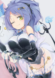 Rule 34 | 1girl, bare shoulders, black bow, black gloves, black thighhighs, blue hair, blue neckwear, bow, bracelet, breasts, chandelure, closed mouth, clothing cutout, collared shirt, covered erect nipples, creatures (company), earrings, elbow gloves, fire, game freak, garter straps, gen 5 pokemon, gloves, green eyes, groin, hair bow, hair ornament, hairclip, highres, homura subaru, hug, jewelry, large breasts, leotard, litwick, long hair, looking at viewer, lying, navel, navel cutout, neck ribbon, nintendo, on side, one eye closed, personification, pokemon, pokemon (creature), ponytail, ribbon, see-through, shirt, skirt, sleeveless, sleeveless shirt, smile, thighhighs, thighs, white skirt