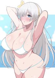 1girl, anastasia (fate), armpits, arms behind head, arms up, bangs, bare shoulders, bikini, blue eyes, blue sky, blush, breasts, cleavage, collarbone, fate/grand order, fate (series), hair over one eye, hairband, highres, large breasts, long hair, looking at viewer, navel, open mouth, silver hair, sky, swimsuit, very long hair, wagokinesis, wet, white bikini