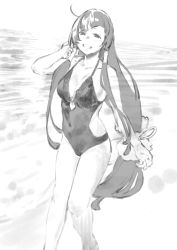 Rule 34 | 1girl, ahoge, arm up, asymmetrical bangs, beach, breasts, greyscale, grin, hair ornament, highres, kantai collection, large breasts, long hair, looking at viewer, low-tied long hair, mizuho (kancolle), monochrome, one-piece swimsuit, outdoors, sidelocks, smile, solo, swimsuit, uyama hajime